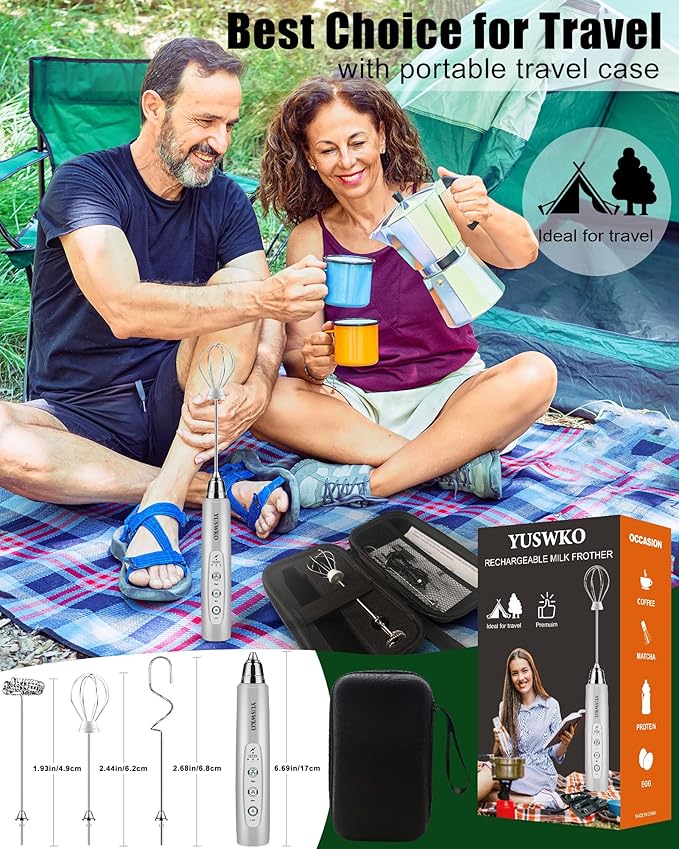 YUSWKO Rechargeable Milk Frother for Coffee, Handheld Drink Mixer with 3 Heads 3 Speeds, Ideal Coffee Frother Wand for Travel - Silver