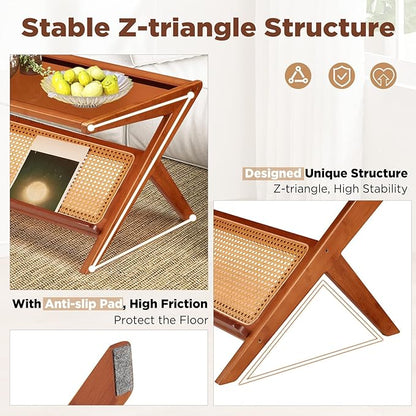 47" Mid-Century Modern Coffee Table with Glass Top, Bamboo Accent Bedside Tables, Glass Nightstand Side Table and Boho Wooden End Table with Storage for Living Room Table Brown