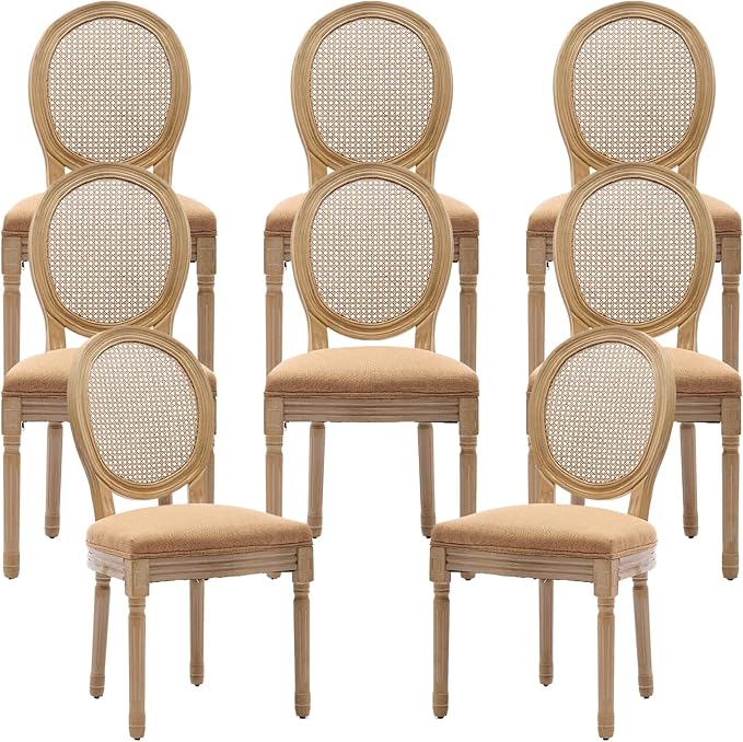 French Country Dining Chairs Set of 8, Amber Cane Back Rattan Dining Chairs with Linen Upholstered Seat, Solid Wood Legs, Farmhouse Kitchen & Dining Room Chairs, Sillas De Comedor (Amber, 8Pcs)
