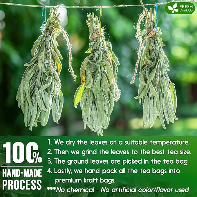 FreshDrinkUS, Premium 135 Sage Leaf Tea Bags, 100% Natural & Pure from Sage Leaves. Loose Leaf Herbal Tea. Made with Natural Material Tea Bags. No Sugar, No Caffeine, No Gluten, Vegan.