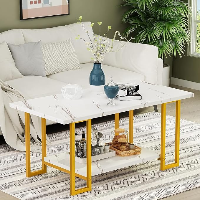 Lamerge Coffee Table, Modern Faux Marble Top Coffee Table with Metal Frame and Storage Shelf, 2-Tier Rectangle Accent Cocktail Table for Living Room, Office, White Gold