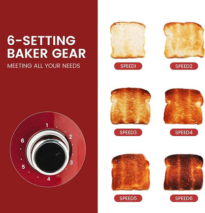 Roter Mond 2 Slice Toaster Retro Stainless Steel with Bagel, Cancel, and Defrost Functions, 6 Bread Shade Settings, Extra Wide Slots and Removable Crumb Tray, Red