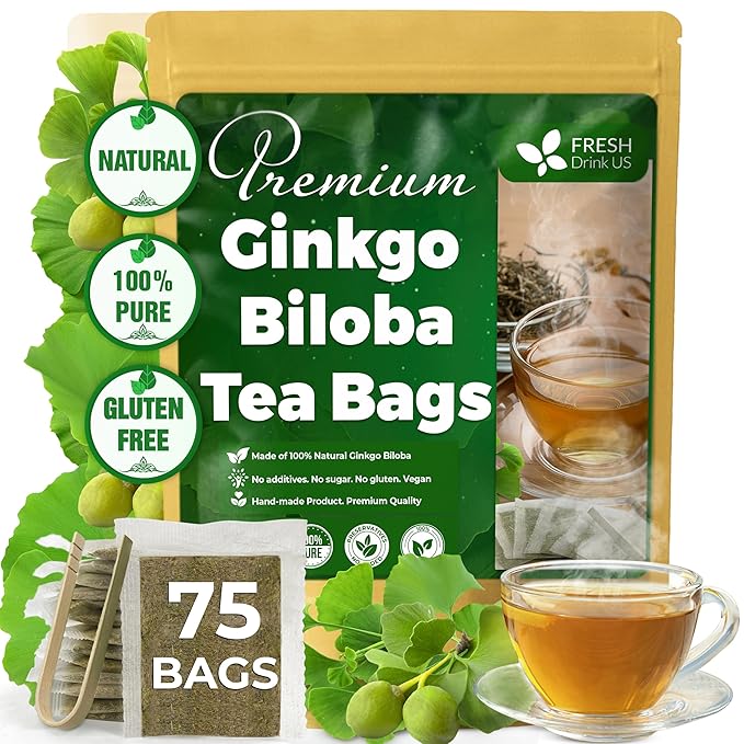 FreshDrinkUS, Premium 75 Ginkgo Biloba Leaf Tea Bags, 100% Natural & Pure from Ginkgo Biloba Leaves. Loose Leaf Herbal Tea. Made with Eco-Conscious Tea Bags. No Sugar, No Caffeine, No Gluten, Vegan.