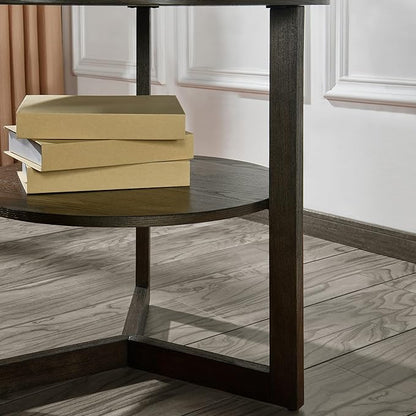 PADMA HOUSE 25" Round Wood End Table, 2-Tier Solid Wood Rounded Accent Side Table Circle Nightstand Table with Storage Shelf Vintage Furniture for Home Living Room Bedroom,Black Brown 3338BK