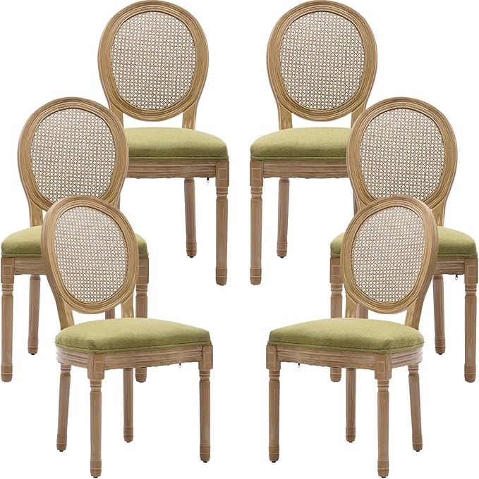 Vintage French Country Dining Chairs Set of 6, Rattan Dining Chairs with Solid Wood Legs, Upholstered Dining Chair, Sillas para Comedor, Kitchen & Dining Room Chair (Olive Green, Rattan, 6Pcs)