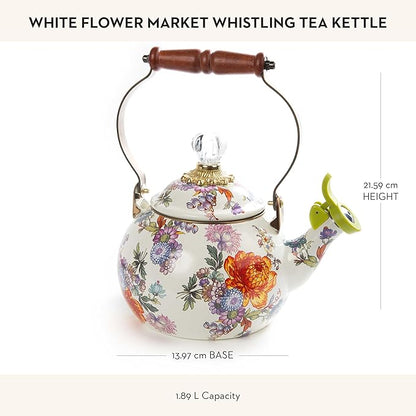 MACKENZIE-CHILDS Enamel Whistling Tea Kettle, Decorative Teapot for Stovetop, White Flower Market
