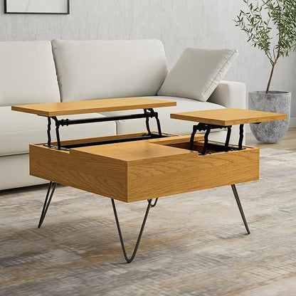 SIMPLIHOME Hunter Lift Top Coffee Table - 32 inch Wide Oak Veneer and Metal Industrial Square Lift Top Cocktail Table in Oak, Living Room Table with Dual Lift Tops, Hidden Storage and Hairpin Legs