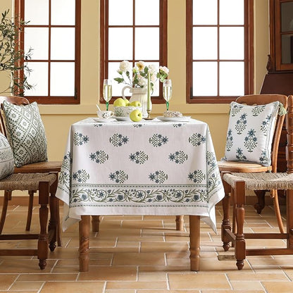 Designer White Linen Square Tablecloth,Chinoiserie Floral Elegant Indoor Table Cloth,Fall Stain Proof Decor Tablecloths for Dining Thanksgiving Kitchen Party,67"*67"-Mosella F