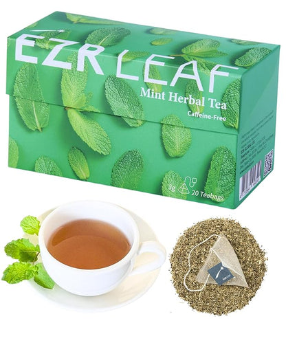EZR Leaf Mint Herbal Tea, Caffeine Free Decaf, Pyramid Tea Bags 20 Counts 2.1 Once German Peppermint, Lemongrass, Licorice Blend for Relaxation, After-Meal, Bedtime
