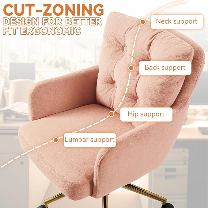 Flannel Office Chair, Comfy Home Office Desk Chairs with Lumbar Support, Modern Velvet Desk Chair Gold Legs Small Swivel Task Chair for Home Office, Bedroom, Study (Pink, L)