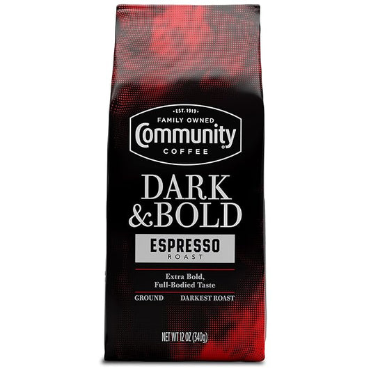 Community Coffee Dark & Bold Espresso Roast, Extra Dark Roast Ground Coffee, 12 Ounce Bag (Pack of 1)