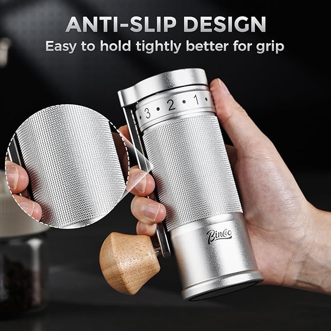 Bincoo Manual Coffee Grinder with Foldable Handle– External Setting Hand Coffee Grinder with Steel Burr,Compact and Portable for Home/Travel/Camping(Sliver)