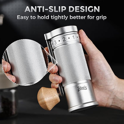 Bincoo Manual Coffee Grinder with Foldable Handle– External Setting Hand Coffee Grinder with Steel Burr,Compact and Portable for Home/Travel/Camping(Sliver)