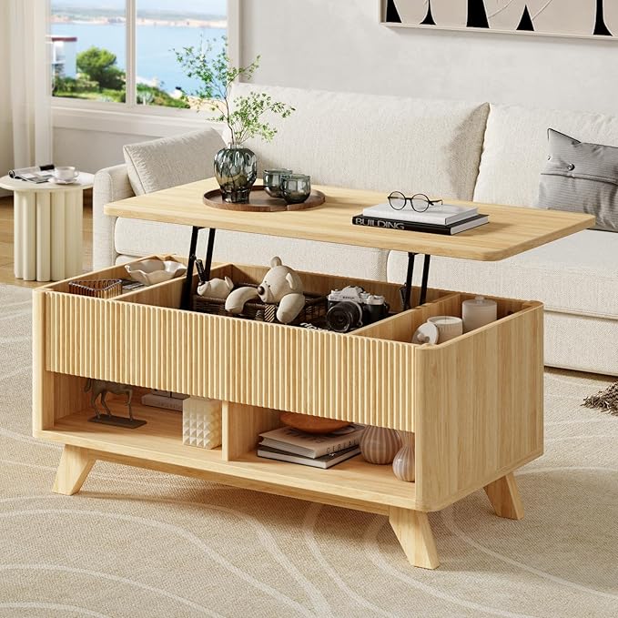 Farmhouse Lift Top Coffee Table, Mid Century Modern Coffee Table with Hidden Storage Compartment, Fluted Rising Pull up Wood Modern Center for Living Room, Office, Natural Oak