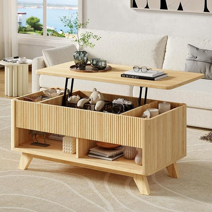 Farmhouse Lift Top Coffee Table, Mid Century Modern Coffee Table with Hidden Storage Compartment, Fluted Rising Pull up Wood Modern Center for Living Room, Office, Natural Oak