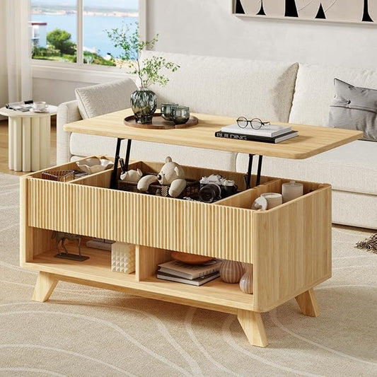Farmhouse Lift Top Coffee Table, Mid Century Modern Coffee Table with Hidden Storage Compartment, Fluted Rising Pull up Wood Modern Center for Living Room, Office, Natural Oak