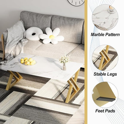 Coffee Table Living Room Table White Center Table, Simple Modern Faux Marble Rectangular Tea Tables with Sturdy Gold Metal Frame,Industrial Wooden Coffee Table for Bedroom Home Office