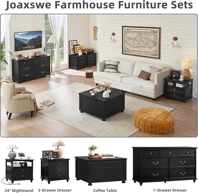 Farmhouse Coffee Table with Hidden Storage,Wood Square Center Table for Living Room, Large Rustic Cocktail Tables with Flip-Top Lids, Farm House Tables with Wooden Gourd Feet,Natural Black