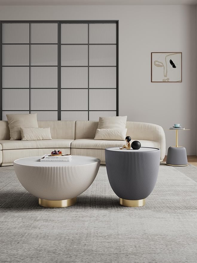 Manhattan Comfort Modern Anderson Coffee Table, 1.0 & 2.0 End Table, Upholstered in Cream and Grey Leatherette with Ceramic Faux Tabletop and Gold Metal Tabletop- Set of 3