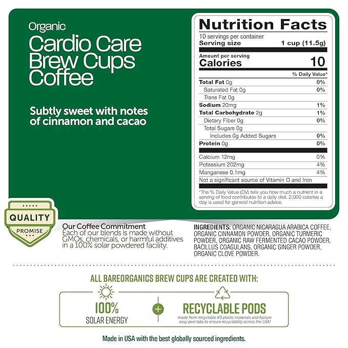 Cardio Care Organic Coffee Pods – Probiotic Coffee with Cacao, Ginger, Turmeric & Cinnamon – Healthy Superfood, Mold Free, Vegan, Gluten Free, everyday dose coffee - 10 Recyclable Single Serve K-Cups
