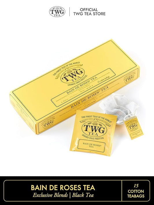 TWG Tea | Bain de Roses Tea | Black Tea | Rosebuds & Rose Petals | 15 Hand Sewn Cotton Teabags | Gift Set