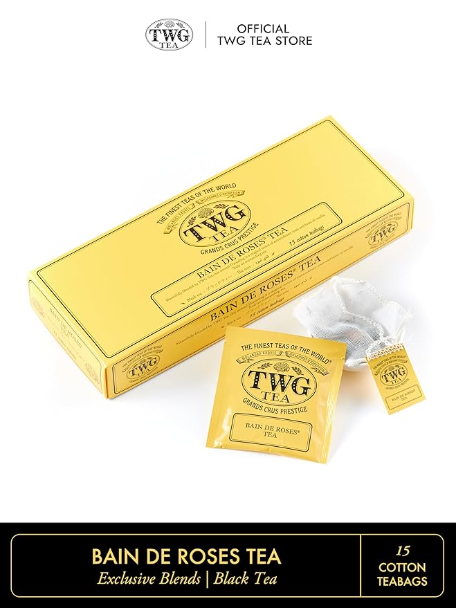 TWG Tea | Bain de Roses Tea | Black Tea | Rosebuds & Rose Petals | 15 Hand Sewn Cotton Teabags | Gift Set