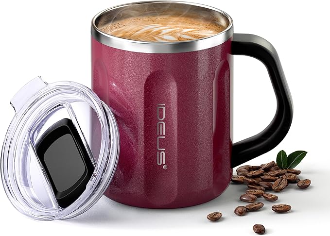 Ideus 16 oz Coffee Cup, Stainless Steel Coffee Travel Mug, Spill Proof Tea Mug with Handle and Lid, Lightweight and Durable, Great for Office Home and Outdoor Use, Red