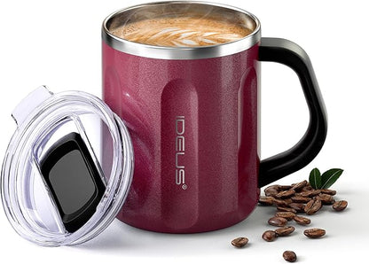 Ideus 16 oz Coffee Cup, Stainless Steel Coffee Travel Mug, Spill Proof Tea Mug with Handle and Lid, Lightweight and Durable, Great for Office Home and Outdoor Use, Red