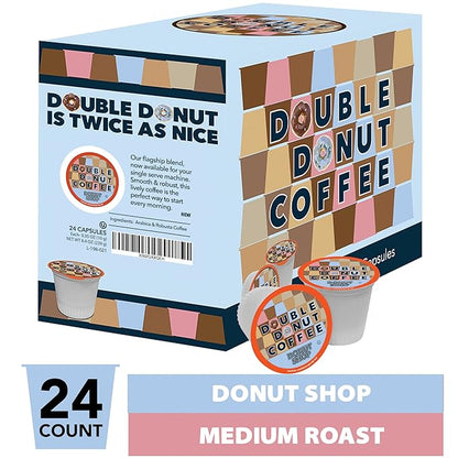 Double Donut Donut Shop Coffee Pods, Coffee Pods Donut Shop Medium Roast Blend, Single-Serve Pods for Keurig K Cup Brewer Machines, 24 Count (Pack of 1)