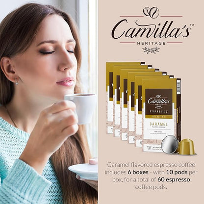 Camilla’s Heritage - Intensity 8 Caramel Flavored Espresso Coffee, Gourmet Espresso Cups, 60 Coffee Pods