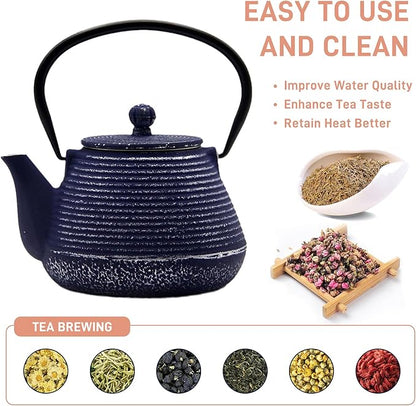 Cast Iron Teapot, 20.3oz Small, Enameled Interior, Stainless Steel Infuser for Loose Tea (Blue Pinstripe Pattern)
