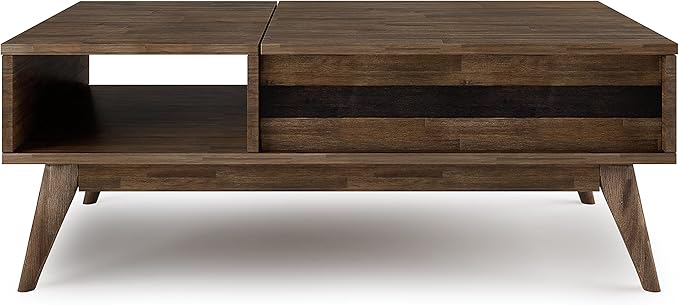 SIMPLIHOME Clarkson Lift Top Coffee Table - 48 inch Wide Solid Acacia Wood Mid-Century Cocktail Table in Rustic Natural Aged Brown, Stylish Living Room Table with Storage Compartment and Open Shelf