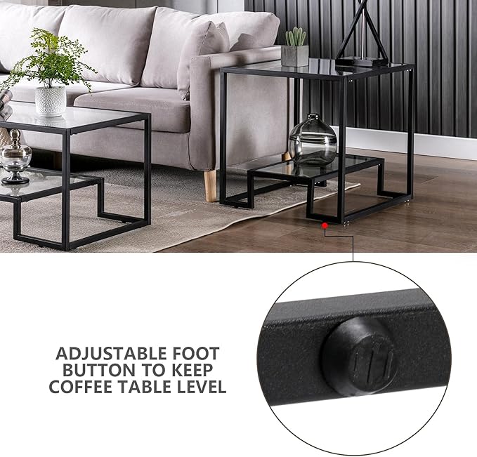 Simple Modern Glass 3-Piece Table Set, Includes Coffee Table and 2 End Tables, Black