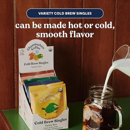 Chamberlain Coffee Variety Box Single Serve Bags - Includes 5 Blends, Original Family, Early Bird, Night Owl, Careless Cat and Social Dog Blends - 10 Single Serve Cold Brew Sachets