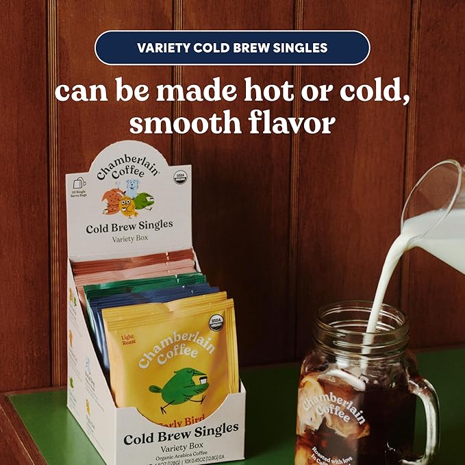 Chamberlain Coffee Variety Box Single Serve Bags - Includes 5 Blends, Original Family, Early Bird, Night Owl, Careless Cat and Social Dog Blends - 10 Single Serve Cold Brew Sachets