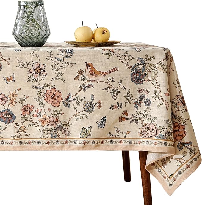 Designer French Light Beige Small Square Tablecloth,Linen Florals and Birds Pattern Table Cloth,Anti-Wrinkle Decorative Tablecloths for Dining Thanksgiving Kitchen,55"*55"-Cornucopia