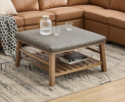 Kmax 32-Inch Grey Faux Leather Coffee Table Large Square Ottoman Foot Rest Stool Upholstered Coffee Table with Wooden Shelf Storage for Living Room Office