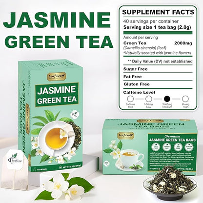 LeafLea 40 Jasmine Green Tea Bags, Premium Green Tea Scented with Jasmine Flowers for Gentle Support & Light Alertness, Floral Smoothness, Caffeinated, Sugar-Free, Non-GMO, Vegan, Individually Wrapped