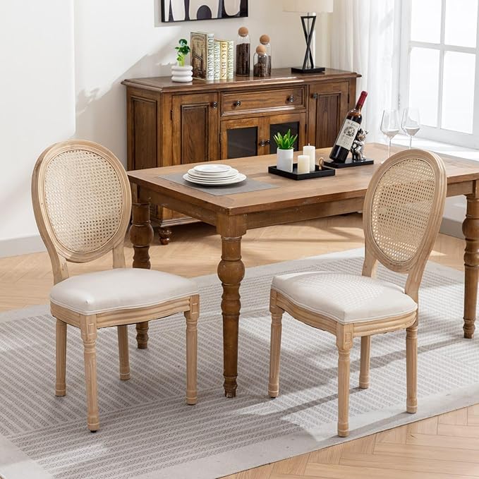 French Country Dining Chairs Set of 6, Vintage Wooden Dining Chairs with Fabric Upholstered Seat&Rattan Oval Backrest,Solid Wood Legs&Frame, Farmhouse Kitchen&Living Room Chairs(Beige,6 Pcs)