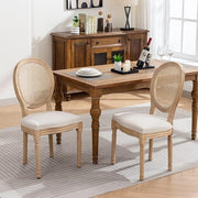 French Country Dining Chairs Set of 6, Vintage Wooden Dining Chairs with Fabric Upholstered Seat&Rattan Oval Backrest,Solid Wood Legs&Frame, Farmhouse Kitchen&Living Room Chairs(Beige,6 Pcs)