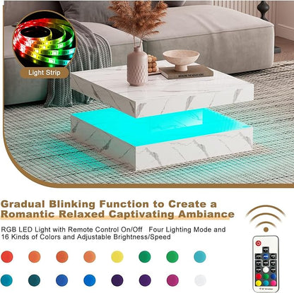 White Marble LED Coffee Table for Living Room, Living Room Table 2-Tier Square Middle Center Table, Modern Coffee Tables with Storage, Contemporary Wood Tea Tables for Dining Reception