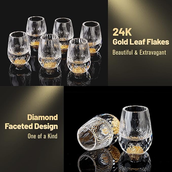DUJUST Diamond Shot Glasses (1.5oz), Crystal Shot Glass Set Decorated with 24K Gold Leaf Flakes, Luxury & Cute Shot Cups, BPA-Free & Lead-Free, Perfect for Décor & Collection, Gift Choice - 6 pcs
