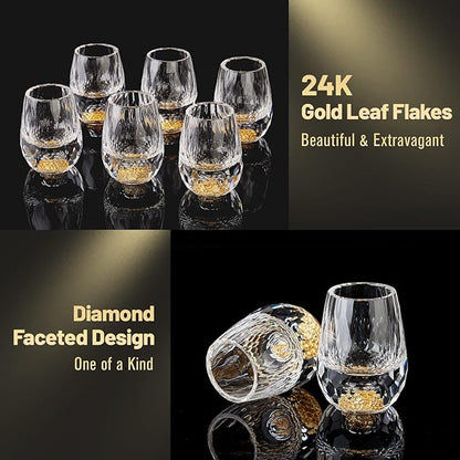 DUJUST Diamond Shot Glasses (1.5oz), Crystal Shot Glass Set Decorated with 24K Gold Leaf Flakes, Luxury & Cute Shot Cups, BPA-Free & Lead-Free, Perfect for Décor & Collection, Gift Choice - 6 pcs