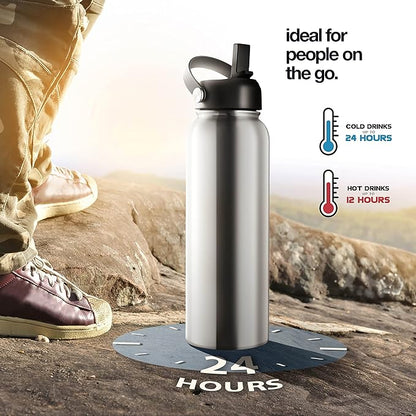 Stainless Steel Insulated Water Bottle and Travel Mug for Hot and Cold Beverages, Wide Mouth, Double Wall Insulated Hydration Sports Water Bottle for Hiking, Biking, Outdoor, 32 OZ BPA Free