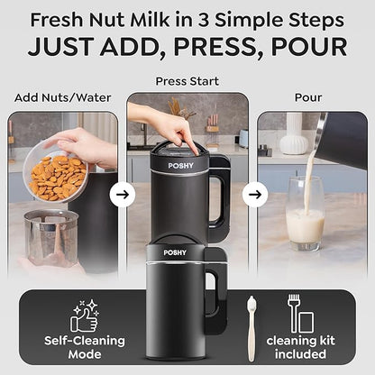 Poshy Nut Milk Maker 50 oz (1.5 L) – Ultra Filtration (No Mesh Bags), Self-Clean, Quiet Motor, Texture Control – Almond/Oat/Soy – Stainless Steel, 120V