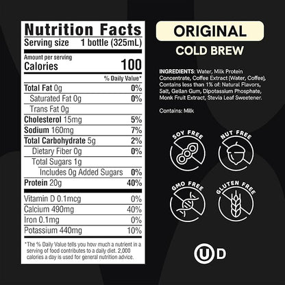 Protein Coffee - 100% Arabica Beans Real Cold Brew - 20g Ready To Drink Protein - 1g Sugar - 100 Calories - No Added Sugar, 99% Lactose Free Keto Friendly Proffee - 11 FL OZ - 12pk Original