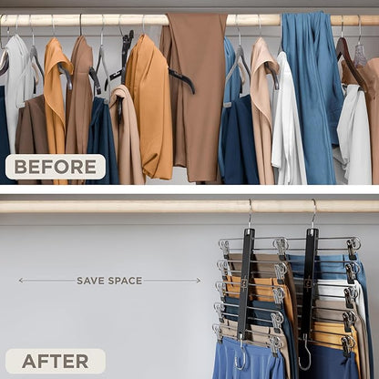 MORALVE Skirt Hangers Space Saving with Clips - 2 Pack - European Beechwood 5-Tier Hanger for Shorts, Skirts, and Pants - Closet Organizer and Storage Solution for Women with 360° Swivel Hook