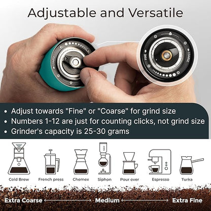 Manual Coffee Grinder by Alpaca Ventures - Stainless Steel Conical Burr Coffee Grinder Manual with Adjustable Setting Double Bearing Hand Espresso Grinder Perfect for Home, Office and Camping