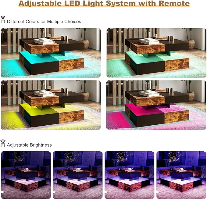 LED Coffee Table for Living Room, Living Room Table 2-Tier Square Middle Center, Modern Coffee Tables with Storage, Contemporary Wood Tea Table for Dining Reception, Rustic Brown