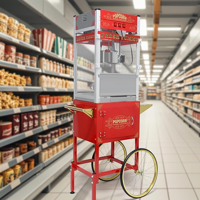Popcorn Maker with Cart & 20oz Kettle, Antique Style Popcorn Maker on Wheels with 16" Tires & Storage Cabinet, Mobile Popcorn Popper Machine for Theater, Carnival, Home Party, Red